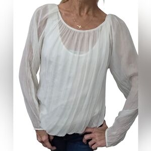 Prontomoda Giusy 100% Silk Sheer Blouse White Pleated Romantic Minimalist Sz S